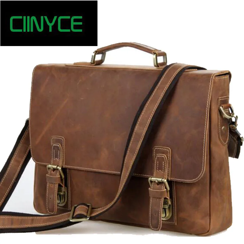 

Top Grade Handmade Mens Real Leather Briefcase Vintage Style Messenger Shoulder 15 Inch Laptop Bag Case Business Handbag Tote