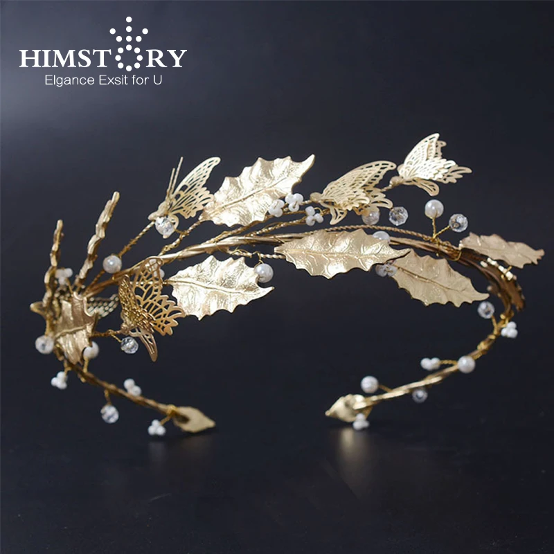 HIMSTORY стиль барокко Винтаж Золотые листья невесты корона головной убор повязки для волос Свадебные рисунки бабочек невесты аксессуары для волос