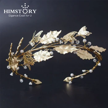 

HIMSTORY Baroque Style Vintage Gold Leaves Bride Crown Headpiece Hairbands Wedding Butterfly Designs Bride Hair Accessory