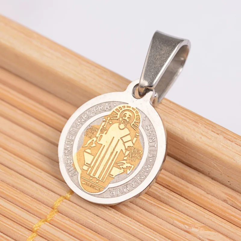 50pcs Flat Round with San Benito & Word Necklaces&Pendants For Stainless Steel Gold Pendant Necklaces 14x12x1.2mm, Hole: 4x6.5mm