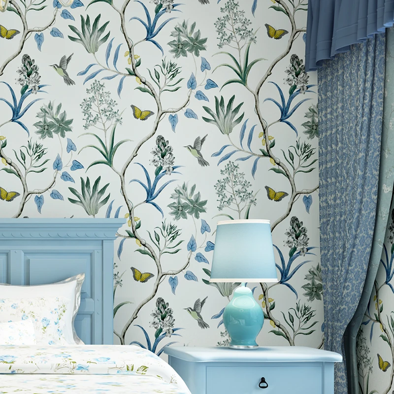 

American Style Non-Woven Wallpaper Modern Vintage Pink Floral Wall Paper Blue Tropical Butterfly Birds Flower Wall Covering 3 D