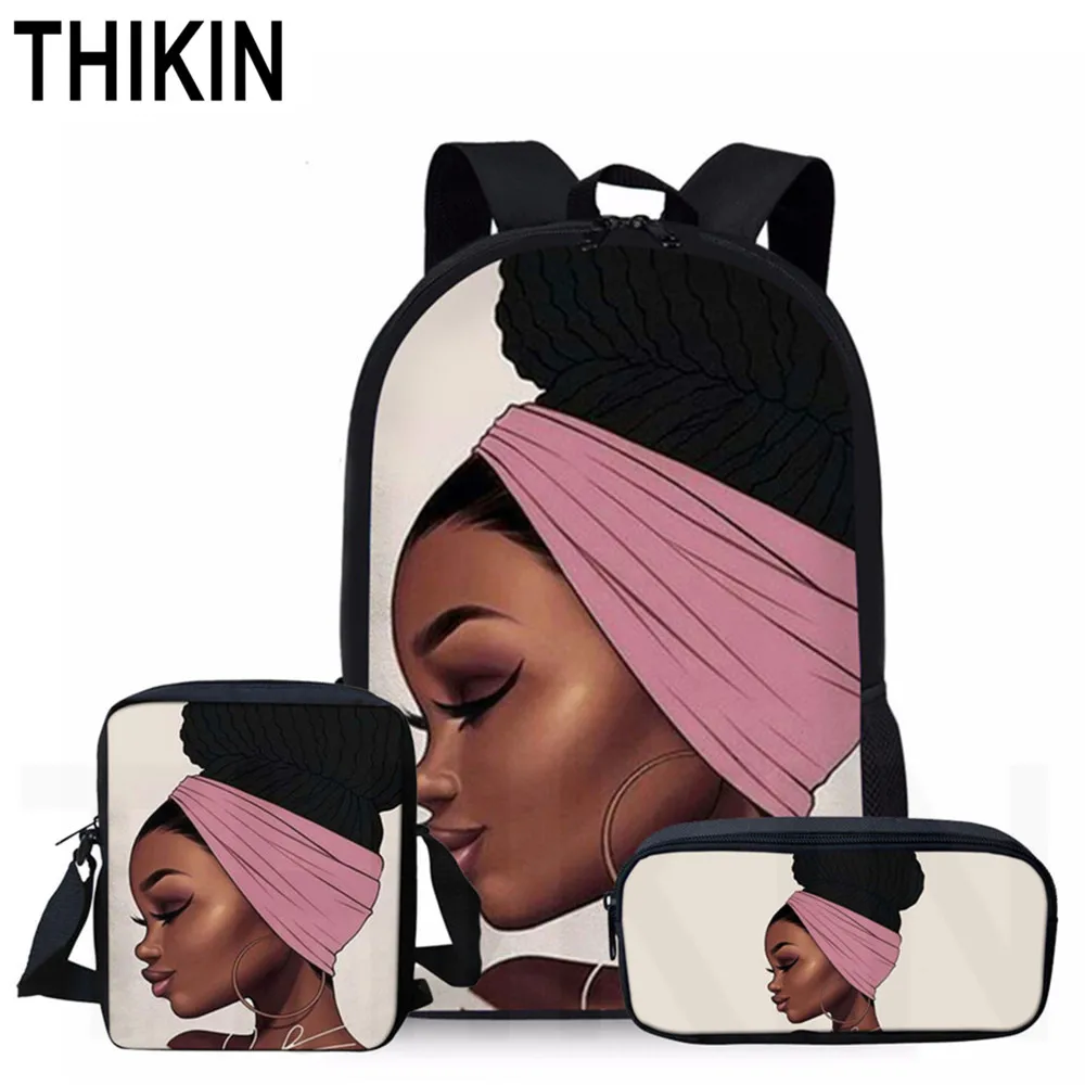 

THIKIN Personalized African American Black Art Girls Pattern Schoolbag Kids Book Bags Teenagers Backpack Custom Child Mochila