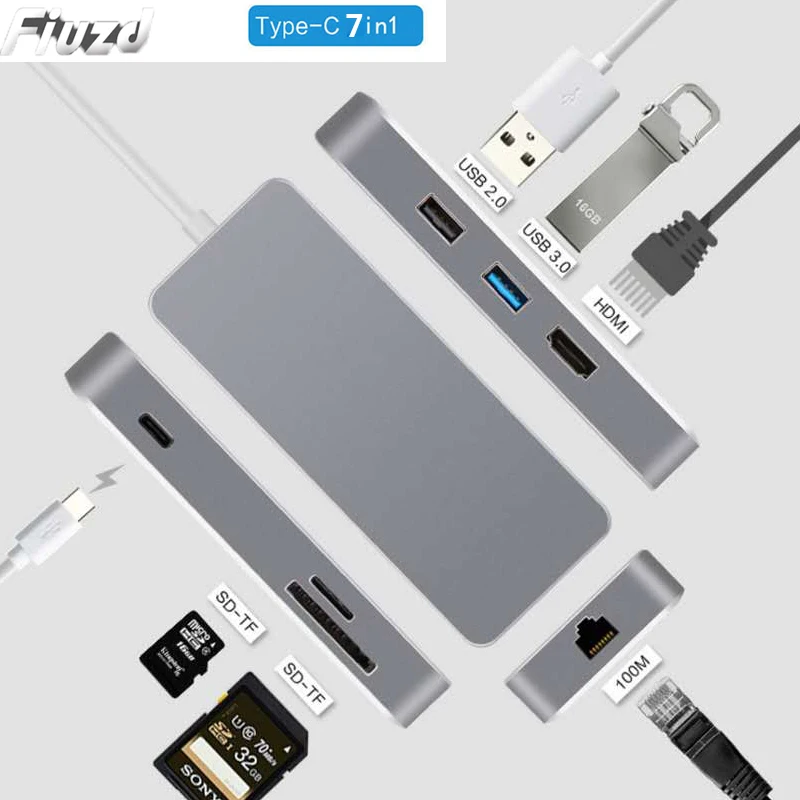  7 in 1 USB C phone laptop docking station USB 3.0 HDMI RJ45 SD Type-c USB hub Fealushon for laptop 