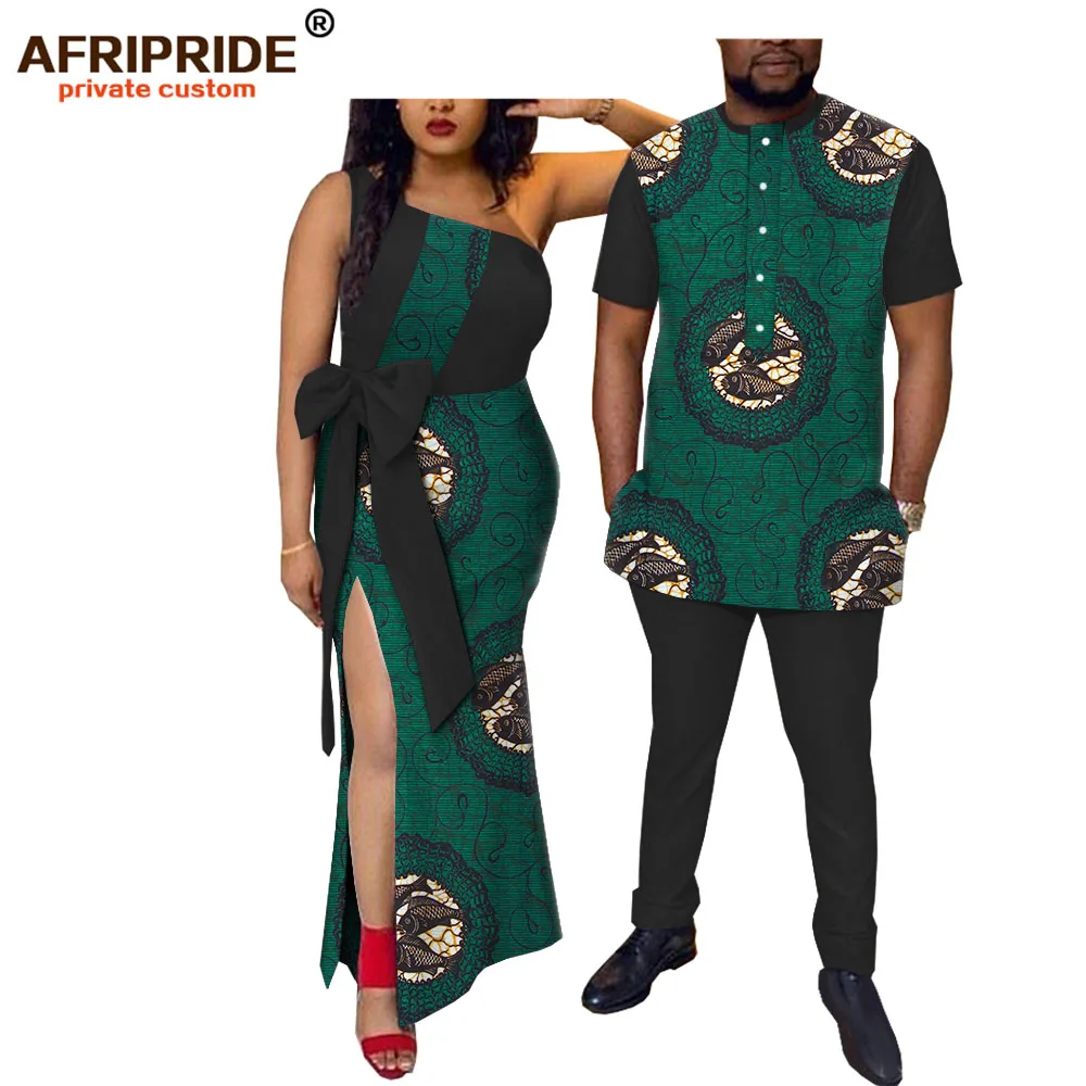 

2019 spring africa fabric men's set&women dress AFRIPRIDE short sleeve men's set+sleeveless ankle length women dress A18C003