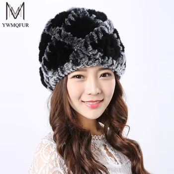 

YWMQFUR Hot 2017 New Winter Women's Real Rex Rabbit Fur Hat Wool Lining Beanie Flower Headgear Winter Real Fur Hats Female H09