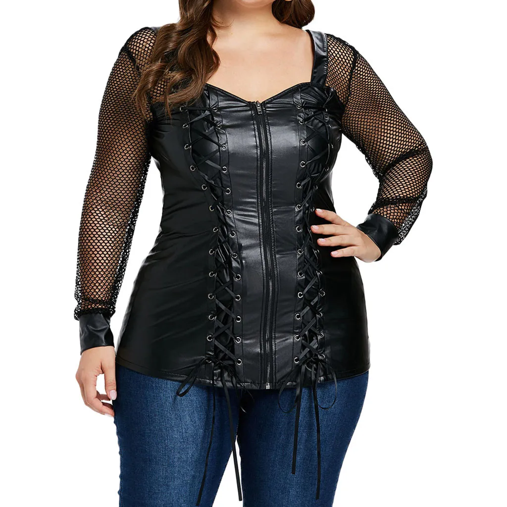 Women Plus Size Casual Long Sleeve Tight Hollow Out Leather Tops Casual