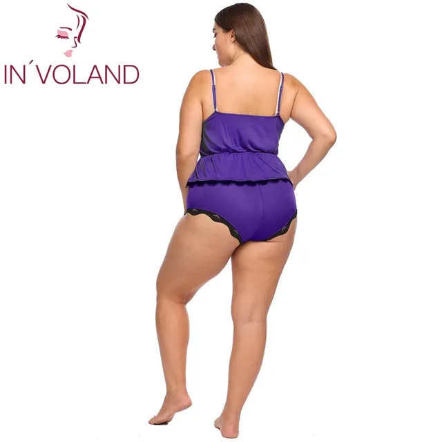 IN’VOLAND Full Size Women Sleepwear Pajama Set L-4XL Lounge Lace Trim Ruffles Hem Patchwork Large Cami Shorts Nightwear Big Size