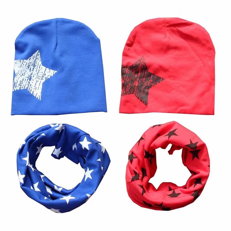 Дети Hat шарф + Шапки осенний комплект Зимний хлопчатобумажный шарф-воротник теплый шапочки звезда печати Младенческая наборы шапка с