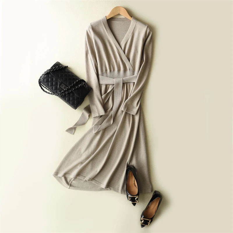 HZYRMY Spring and Autumn New Women's Cashmere Sweater Dress V-Neck Fashion Long Solid Color Dress Wool Knit Pullover Loose Skirt Sweaters