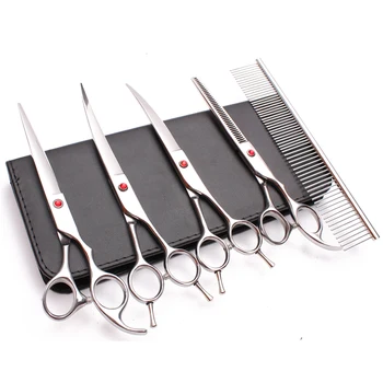 

5Pcs Suit 7" Stainless Customize Logo Comb+Cutting+Thinning Shears+UP&Down Curved Shears Grooming-for-dog Pets Hair Shears C3002