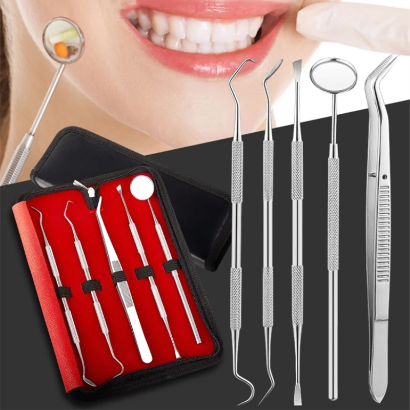 

Portable Stainless Steel Dentist Tool Set Include Dental Mirror Tweezers Probe Sickle and Hoe Cleaner Tooth Care Kit Instrument