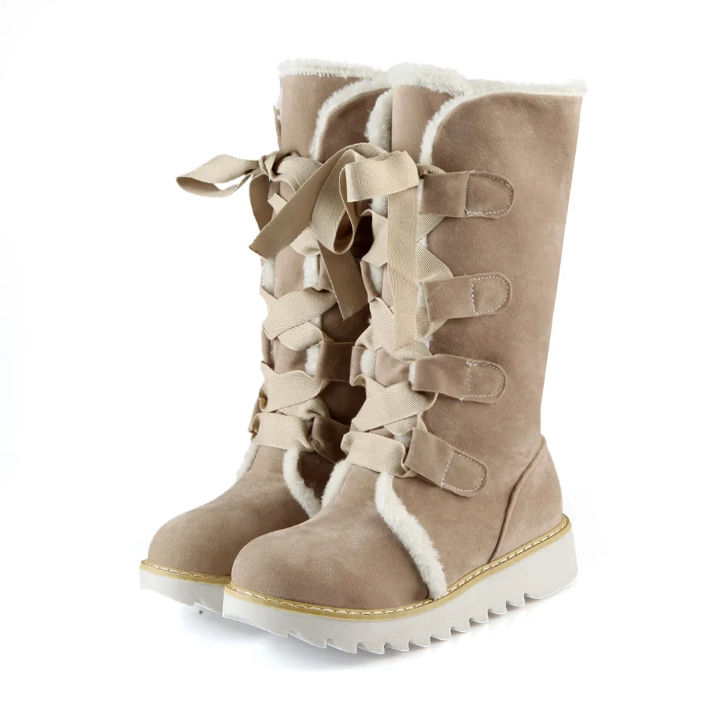 Большие размеры 34-43; высокое качество; коллекция года; модные зимние женские однотонные ботинки из флока на низком каблуке со шнуровкой; 5 цветов - Цвет: beige