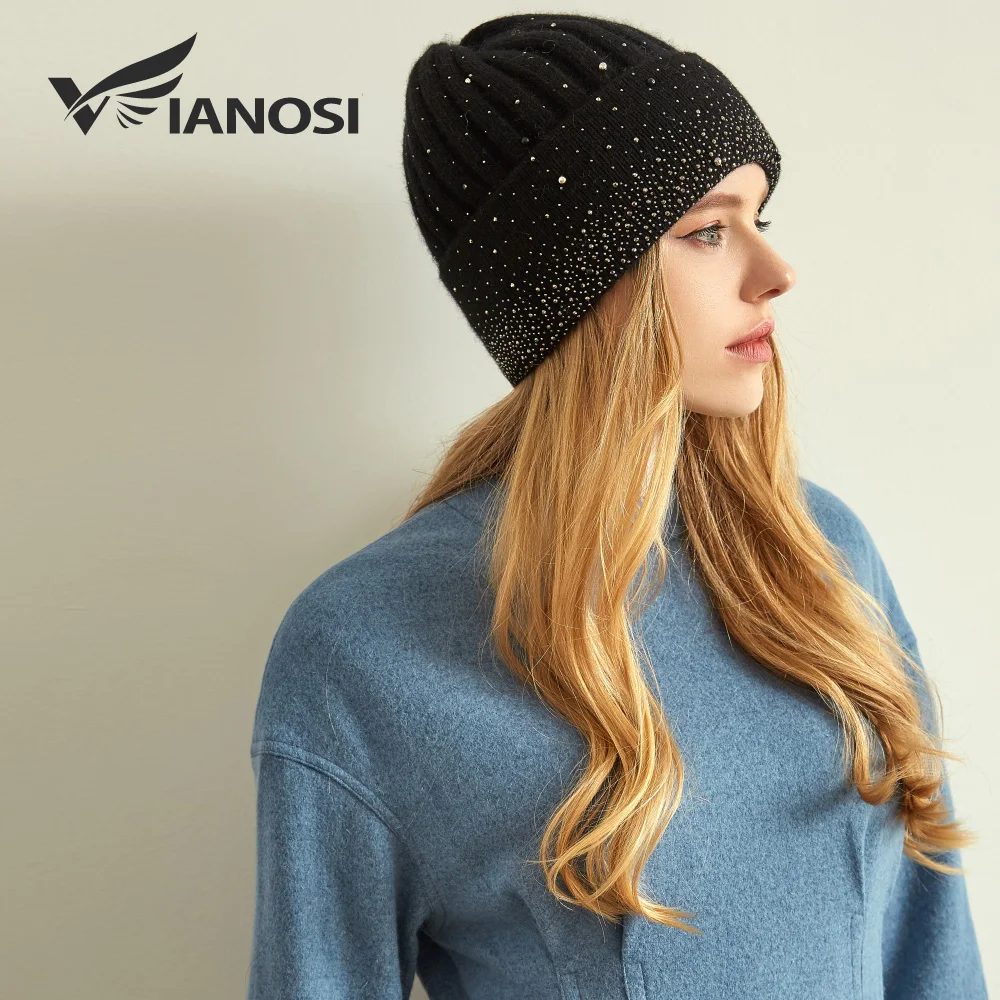 VIANOSI New Fashion Wool Winter Hats for Women Beanies with Pearl Fashion Warm Cap Brand Bonnet - Цвет: Черный