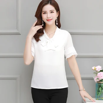 

Plus Size Women Fashion Flare Short Sleeve T Shirt 2020 Summer New Middle Age Mother Clothing Bow Collar Top Casual Pullover