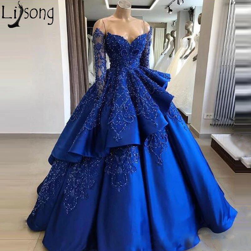 Ball Gown Long Sleeve Royal Blue Prom ...