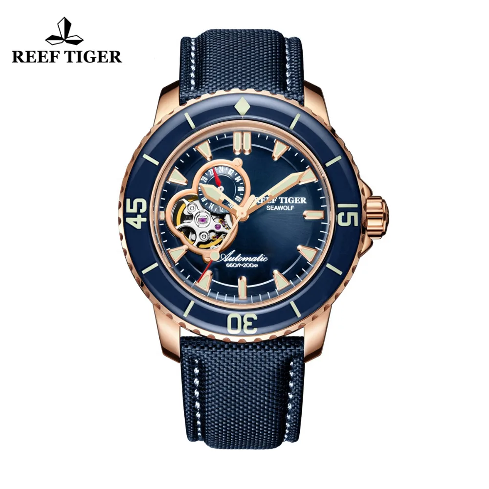 Reef Tiger/RT роскошные погружения часы для мужчин розовое золото Тон автоматический синий часы нейлоновый ремешок RGA3039