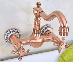 Antique Red Copper Brass Wall Mounted Bathroom Kitchen Sink Faucet Swivel Spout Mixer Tap Double Cross Handles Levers anf941