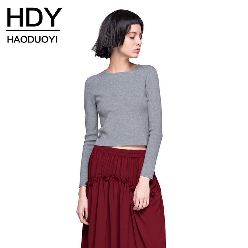 Женская футболка HDY Haoduoyi серая Базовая с О образным вырезом Повседневная тонкая