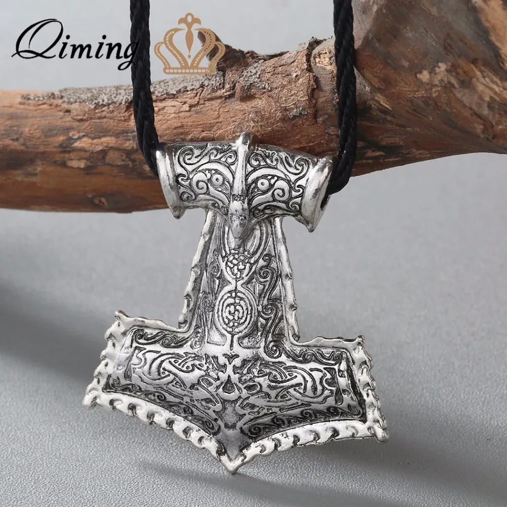 

QIMING Amulet Pendant Necklace Chokers Vikings Raven Thor's Hammer Pendant Necklace Original Animal Viking Jewelry Collier