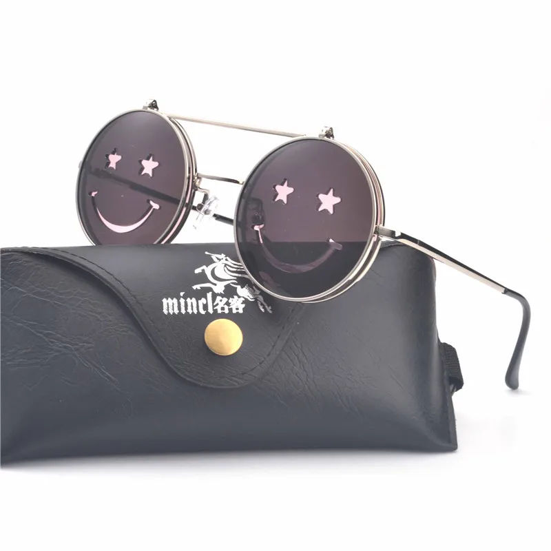 MINCL/Брендовая Дизайнерская обувь панк улыбка флип солнцезащитные очки Для женщин клип на Симпатичные солнцезащитные очки Красный Желтый Серебро Круглый Оттенки FML - Цвет линз: pink