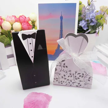 

100 Pcs Creative Bride & Groom Wedding Gift Box Tie Suit And Dress-Style Candy Box