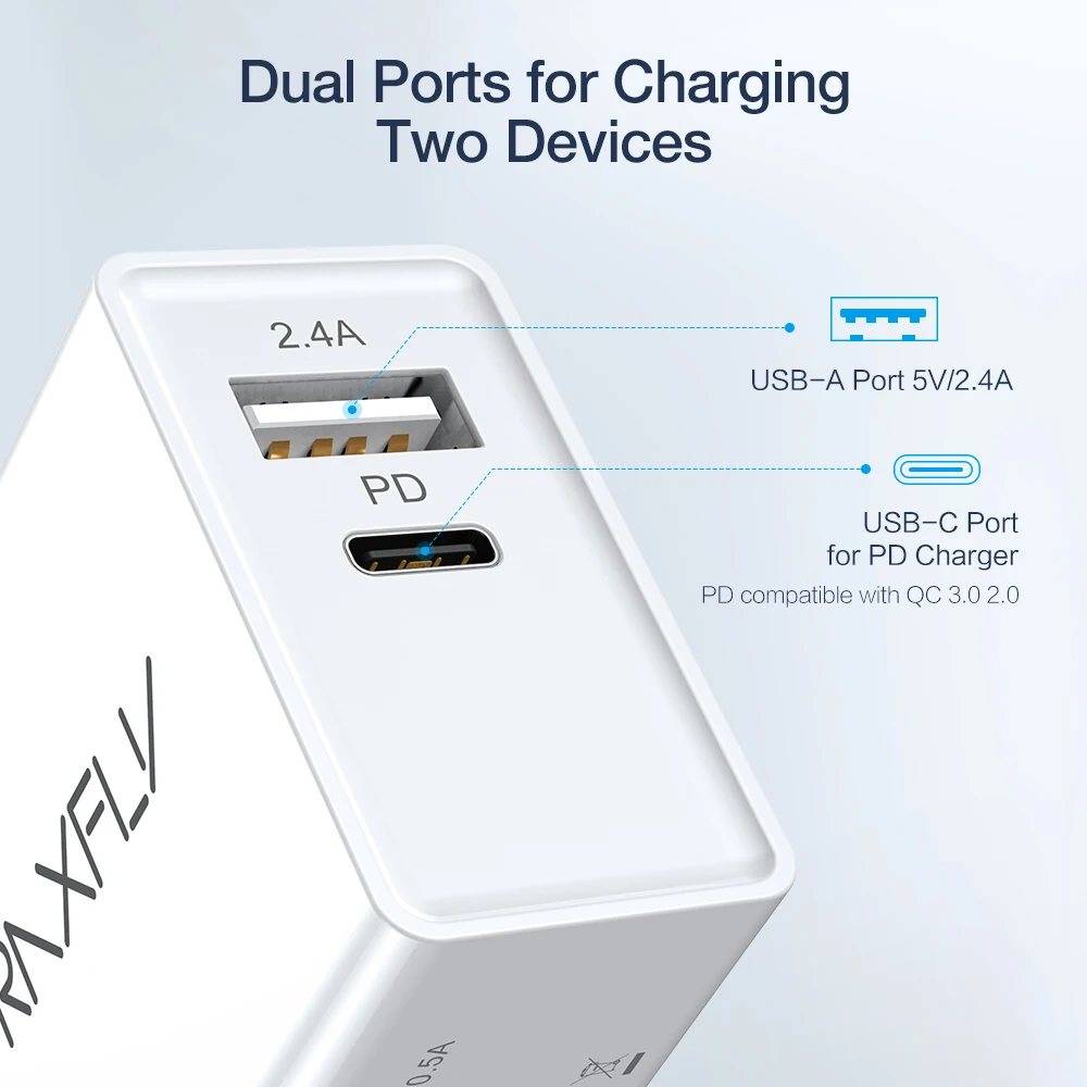 RAXFLY 30 Вт USD PD зарядное устройство для телефона iPhone XS Max XR 8 Plus с двумя портами