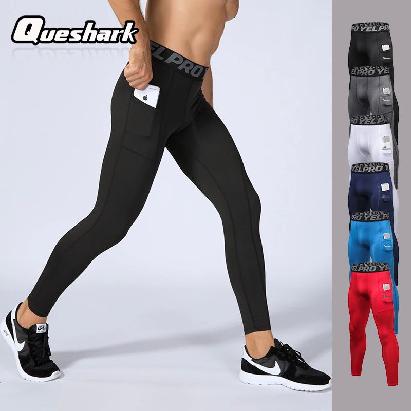 

Queshark Professional Men Compression Pants Sport Workout Fitness Stretch Leggings Breathable Quick Dry Tights Pants With Pocket