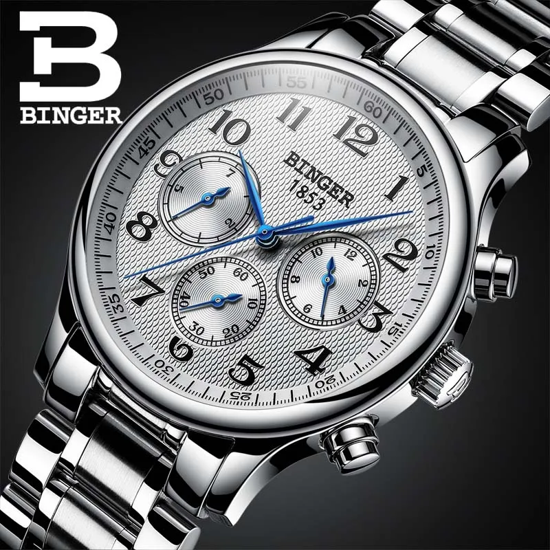 Watches Men Luxury Brand BINGER Automatic Mechanical Watch Waterproof Calendar Leather Wristwatch relogio masculino - Цвет: 10