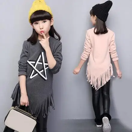 Spring Teenagers T-Shirts Tassel Girls Tops Tee Long Sleeve 8 10 12 13 Years Clothes For Girl School Kids Fashion Clothing