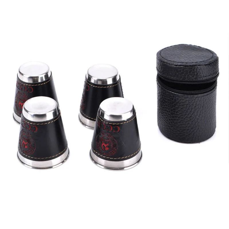 4 unids/lote 70 ml Camping taza al aire libre vajilla de tazas de agua tazas de vino de acero inoxidable taza de cerveza de cuero de la PU de Picnic senderismo playa