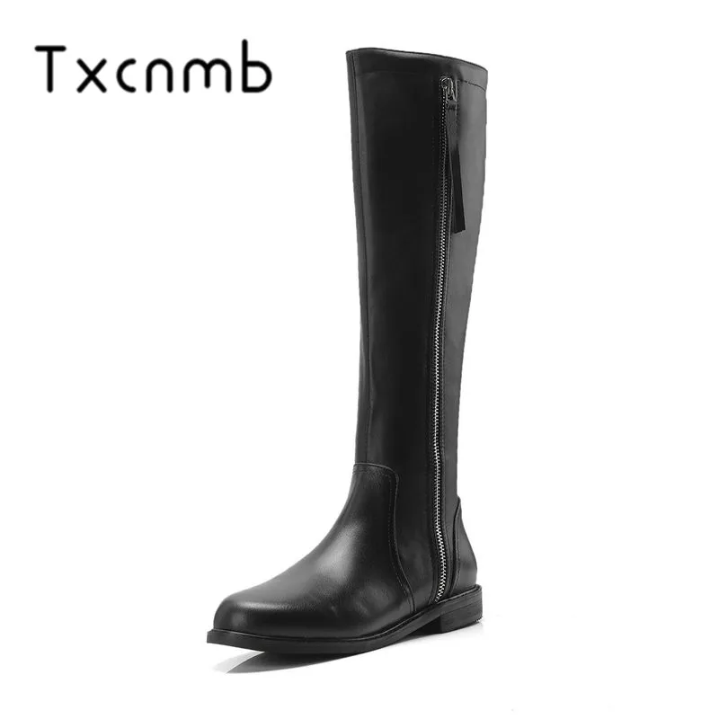 

TXCNMB 2019 Top Quality Women Genuine Leather Knee High Boots Sexy Low Heel Autumn Winter Warm Motorcycle Boots Shoes Woman