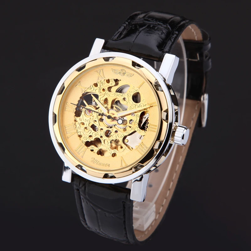 Men Watches Winner Luxury Mechanical Hand wind Skeleton black gold blue color leather band