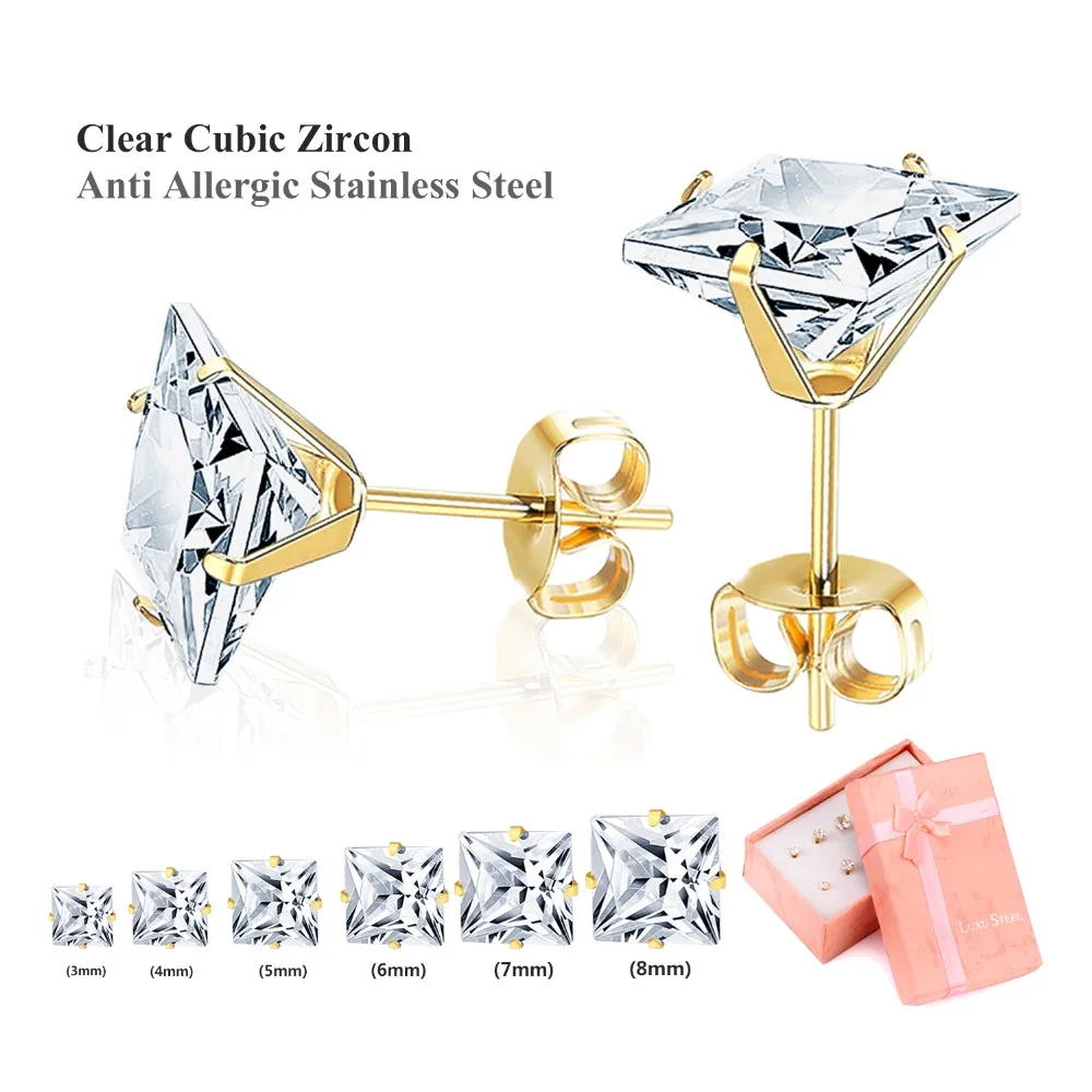 

LUXUSTEEL 6pairs/Boxes Earring Sets White/Black/Champagne/Pink/Yellow/Blue/Green/Purple/Red Size 3mm to 8mm Geometry CZ Earrings