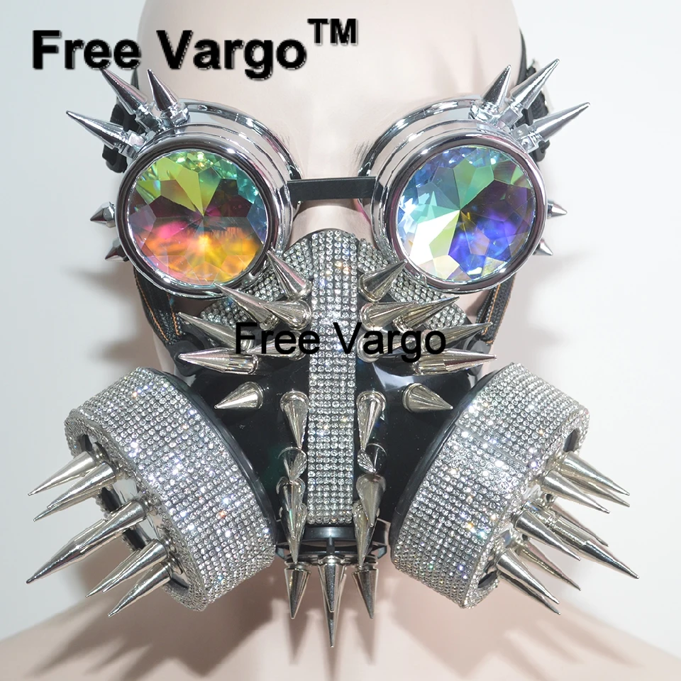 Streampunk Holographic Goggles Burning Man Rhinestone Rivet Mask Halloween Rave Stage Costumes Cosplay Festival Clothes Outfit |
