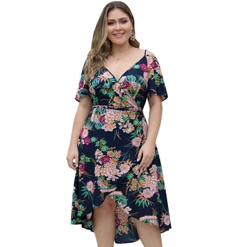 

2019 Summer Dress Fashion Casual Simple Temperament Print Large Size Loose Soft Thin Sling Short Sleeve V Neck Women Dress CW610