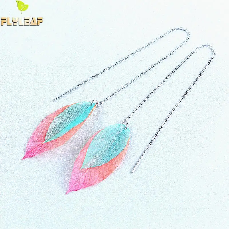 

Flyleaf 2018 Autumn New Shelves Red And Green Leaves Long Tassel Earrings For Women 925 Sterling Silver Big Earrings
