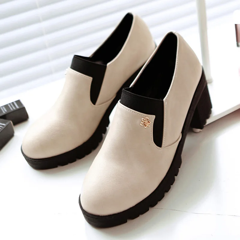 

British college style comfortable round toe pumps fashion color matching decoration metal black beige gray med with women shoes