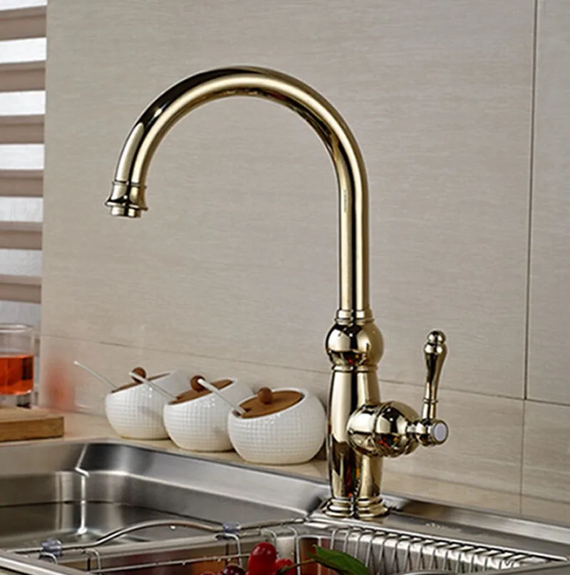 Contemporary Golden Finish Kitchen Faucet Single Handle Hot Cold Faucet Golden Polish