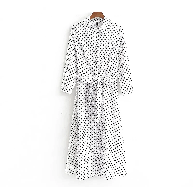 

2019 Summer Women Linen Long Dresses Fashion Polka Dots Print Ladies Slim Dress with Belt Button-fly Vestidos Feminine Clothes