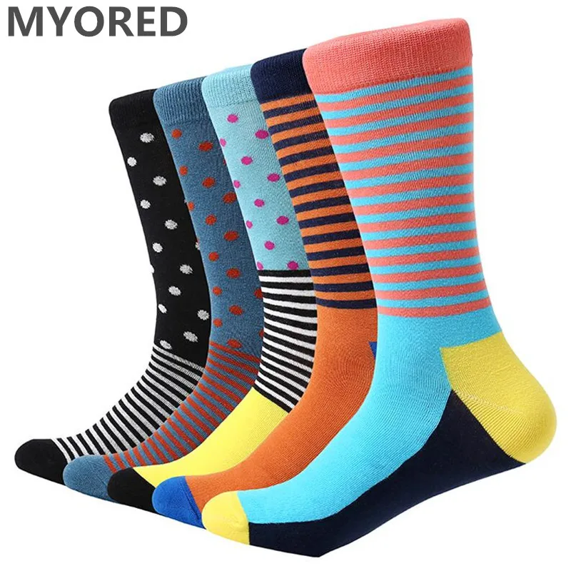 MYORED 5 pair/lot men's socks dot & striped bright color funny socks