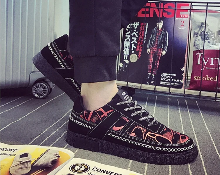 Spring Autumn Man Casual Shoes Canvas Breathable Lace Up Fashion Graffiti Hard-Wearing Korean Walking Flat Shoes Man Sewing (3)