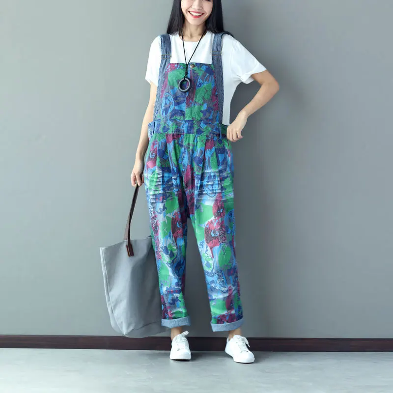 Ladies Wide Leg Jumpsuits Women Casual Printed Denim Jumpsuits Retro