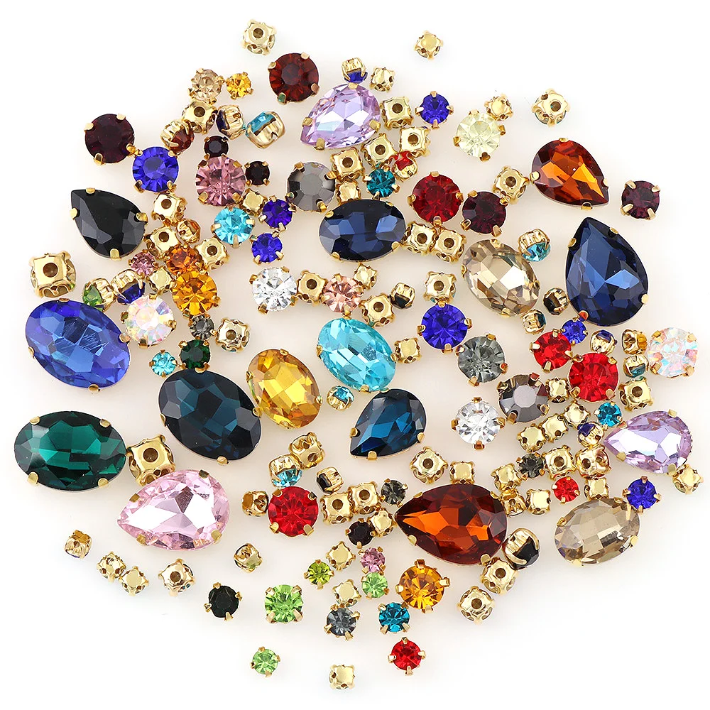 

100pc Oval Drop Round Mix Shape Transparent Glass Sew On Rhinestone With Gold Color Claw Apply To DIY Clothing Decoration Random