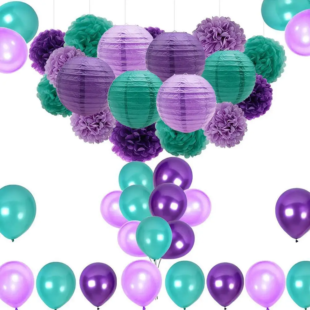 

36PCS Under The Sea Theme Party Purple Pom Poms Paper Flower Ball Paper Lantern Latex Balloon Baby Birthday Party Decoration Set