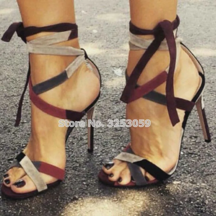 

ALMUDENA Lady Sexy Wine Red Suede Color Patchwork Gladiator Sandals Cross Strappy Lace-up Colorized Banquet Shoes Stiletto Heels
