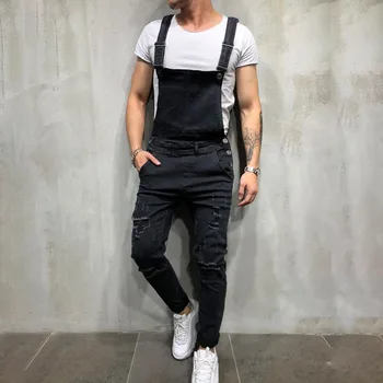 

Men Denim Jumpsuits Vintage Solid Color Holes Casual Bib Overalls FDC99
