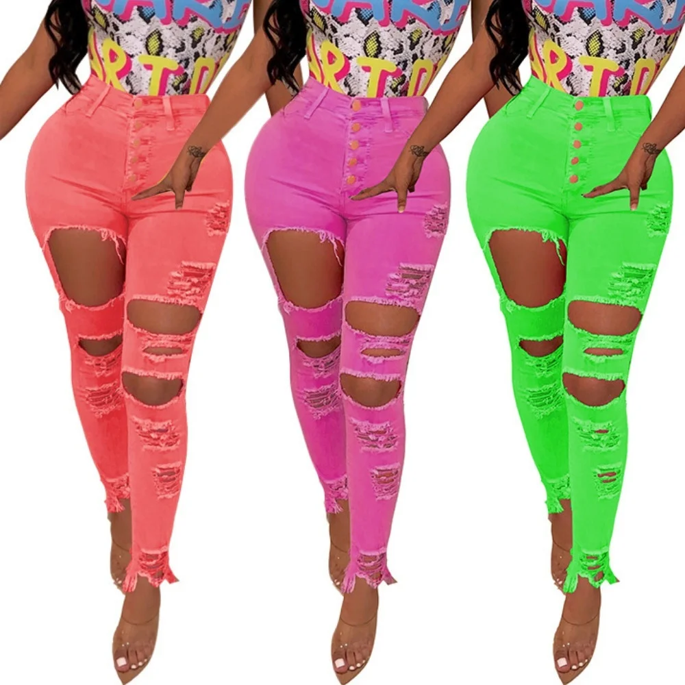 4 Colors Women's Fashion High Waist Soild Color Sexy Slim Shaved Hole Washed Denim Pencil Pants Trousers Mom Jeans S-4XL