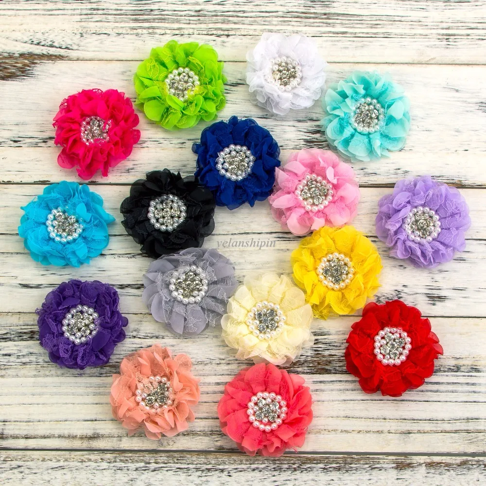 

5pcs/lot 16colors 9cm Hair clip Shabby Chiffon Petals Poppy Flower+Rhinestones Pearls for Girls Hair Accessories Headband DIY