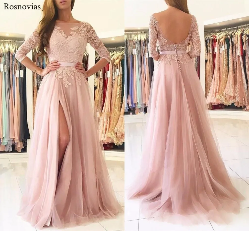 

Pink High Split Bridesmaid Dresses 2019 Jewel Half Sleeves Backless Sweep Train Lace Appliques Wedding Guest Prom Party Gowns