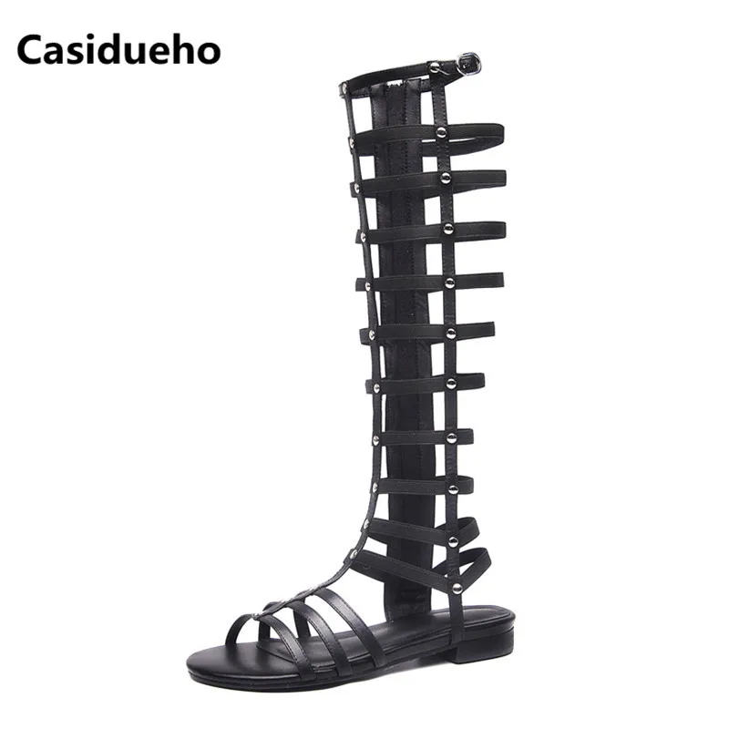 

Casidueho Gladiator Sandals Women Summer Knee High Boots Lace Up Rome Flats Dress Shoes Woman Sexy Peep Toe Long Booties Botas